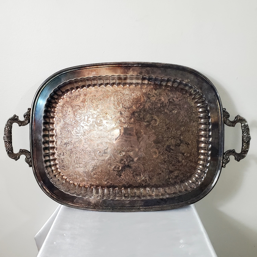 Vintage Silver-plated Butler Serving Tray Rectangular Flower Detail Platter